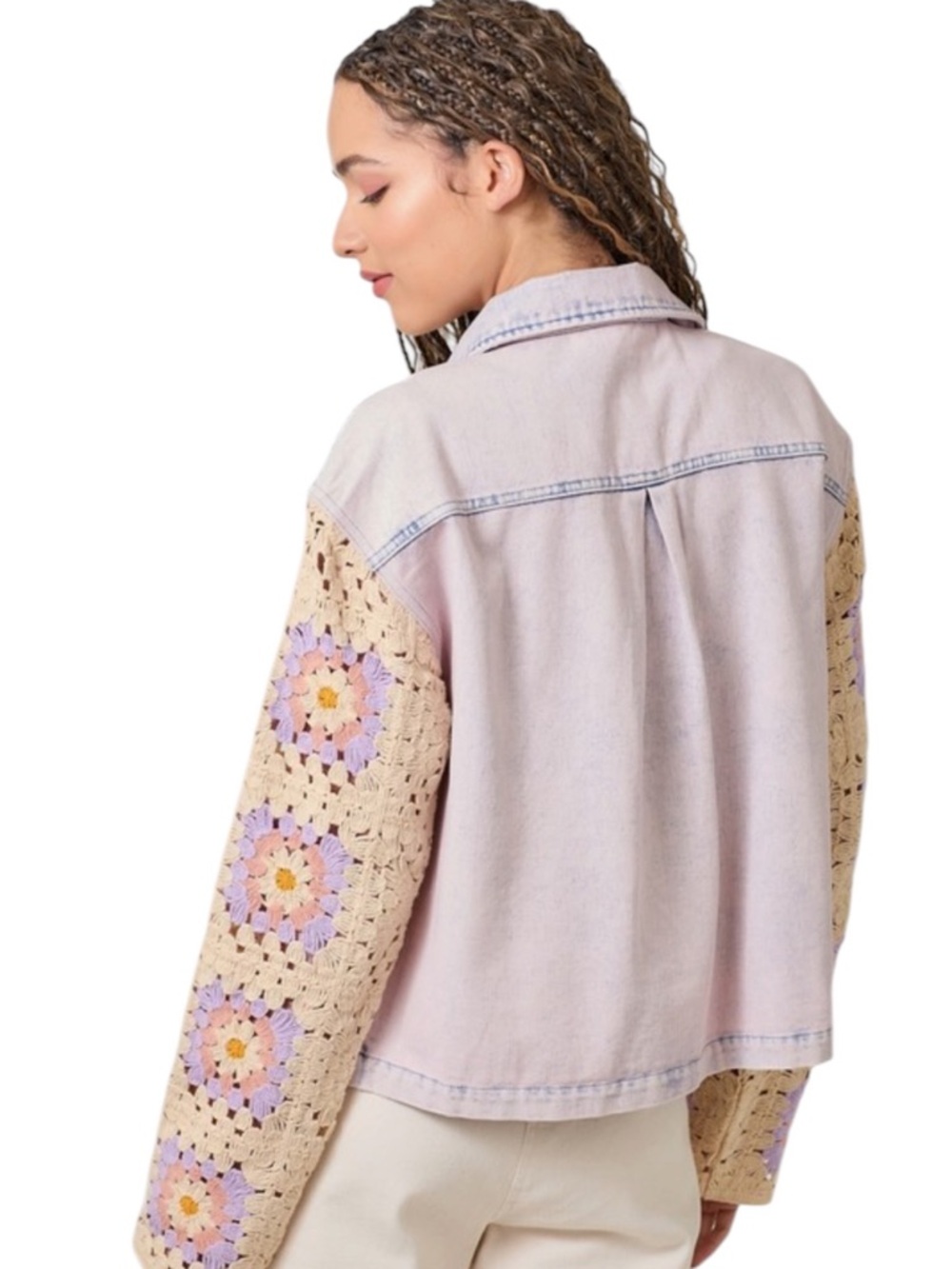 Mystree Pastel Pink Denim Jacket with Crochet Sleeves Sz Large - Picture 2 of 3